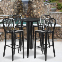 Flash Furniture CH-51080BH-4-30VRT-BK-GG 24" Round Metal Bar Table Set with 4 Vertical Slat Back Barstools in Black